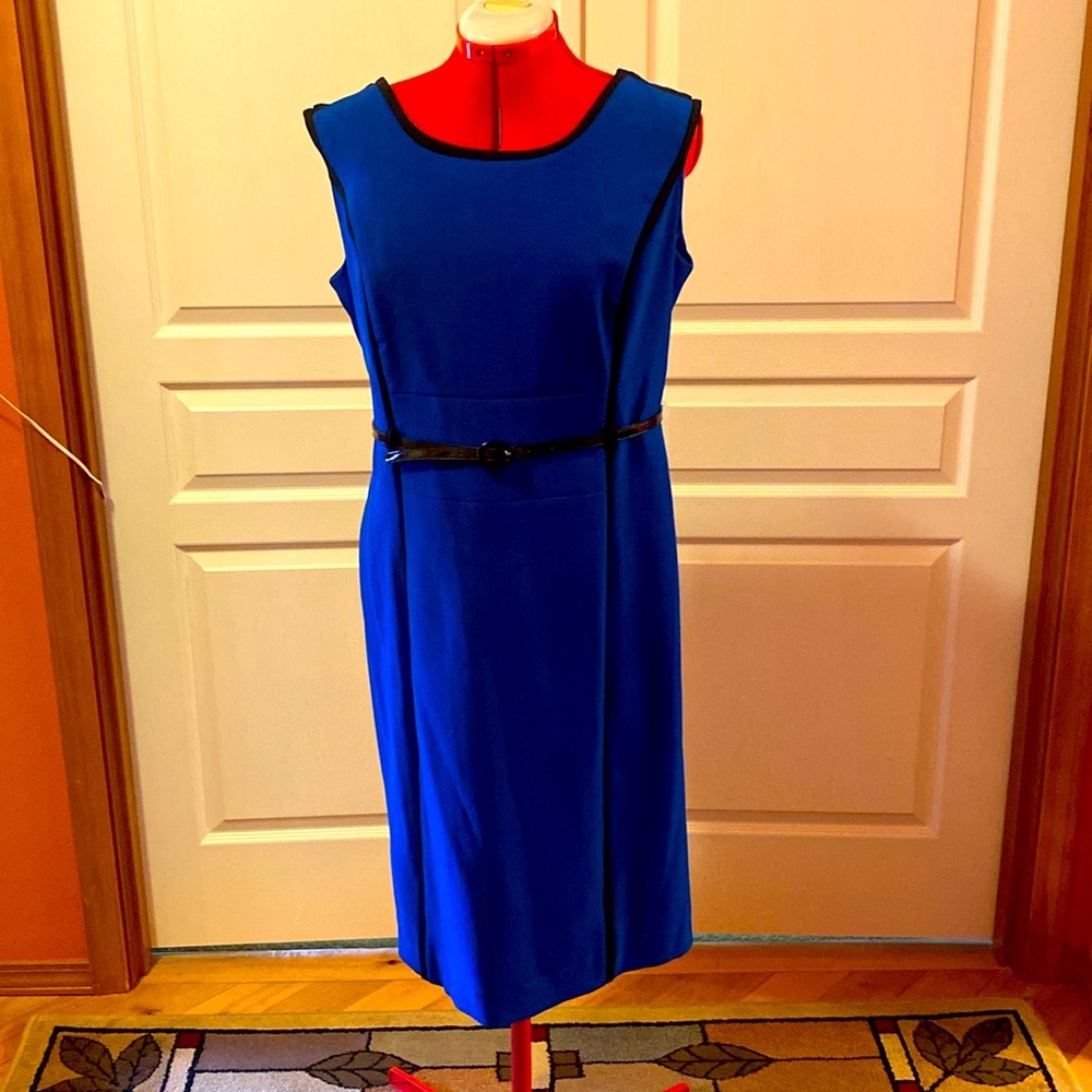 Dark blue dress with black trim